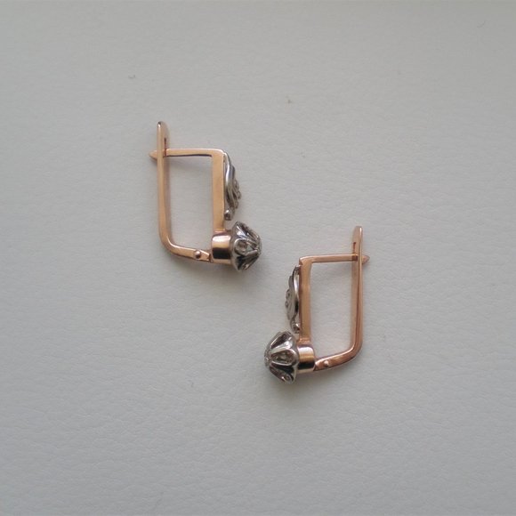 Vintage Soviet USSR 14K 583 Rose Pink White Gold Diamond Buttercup Earrings - Picture 2 of 7